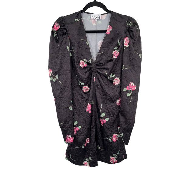 Ganni Dresses & Skirts - Ganni dress Crinkled satin black floral minidress size 32 (US XXS)